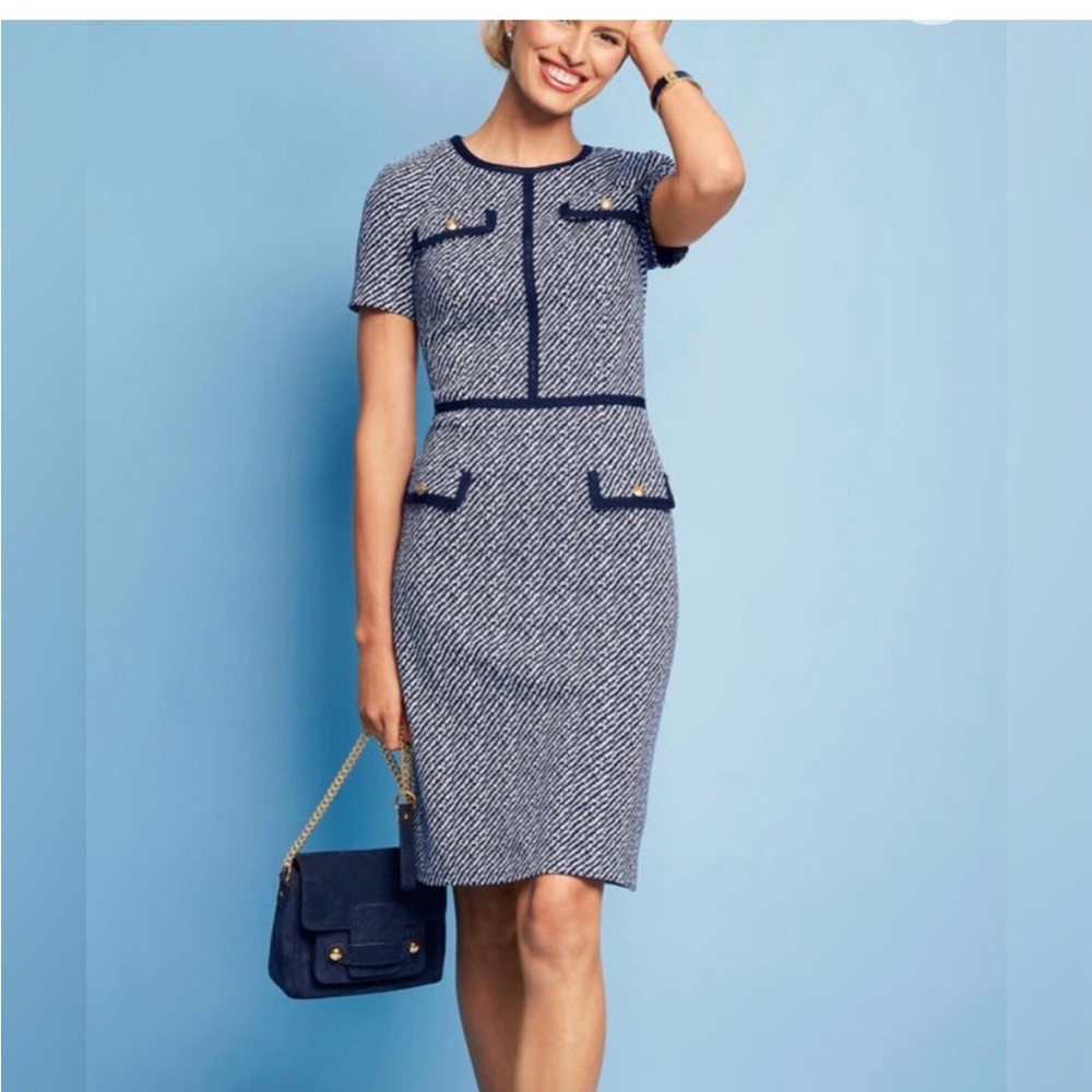 EUC Talbots Navy & White Tweed Sheath Dress.  Size 12.